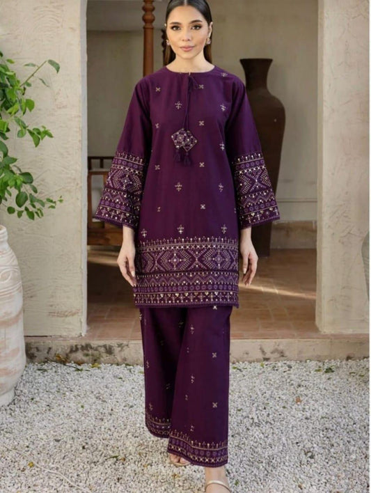 LAWN 2 PIECE FULL HEAVY EMB UNSTICHED SUIT FOR SUMMER 2025