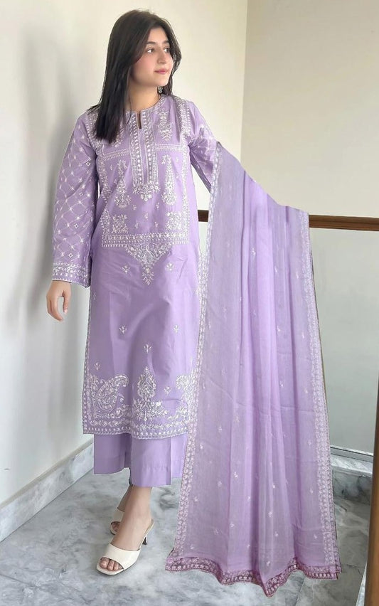 LAWN 3 PIECE FULL HEAVY EMB UNSTICHED SUIT FOR SUMMER 2025